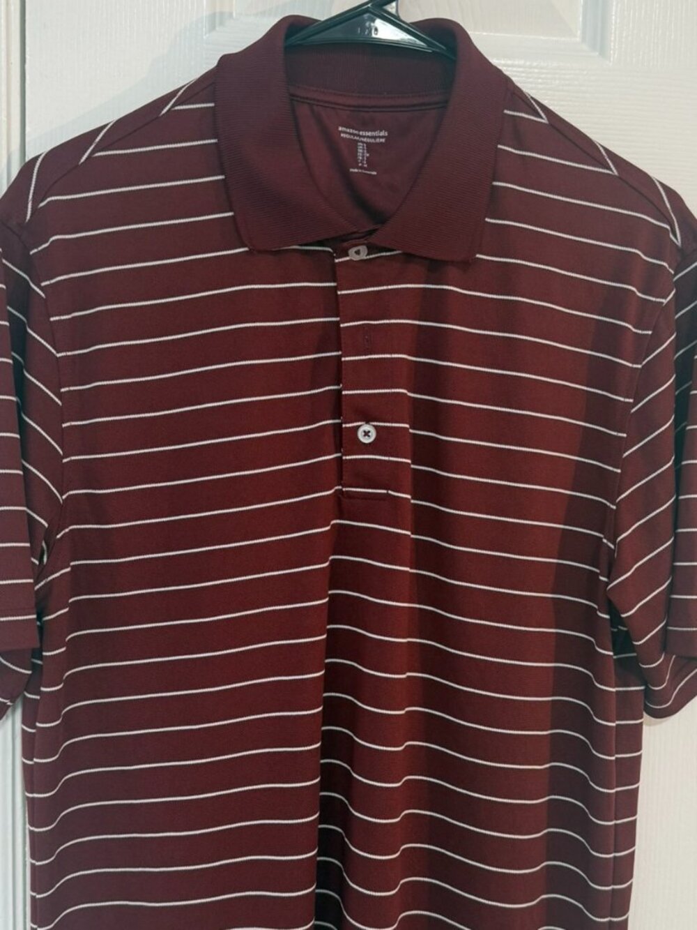 Amazon Essentials Men’s Small Burgundy White Stripe Short Sleeve Polo Shirt